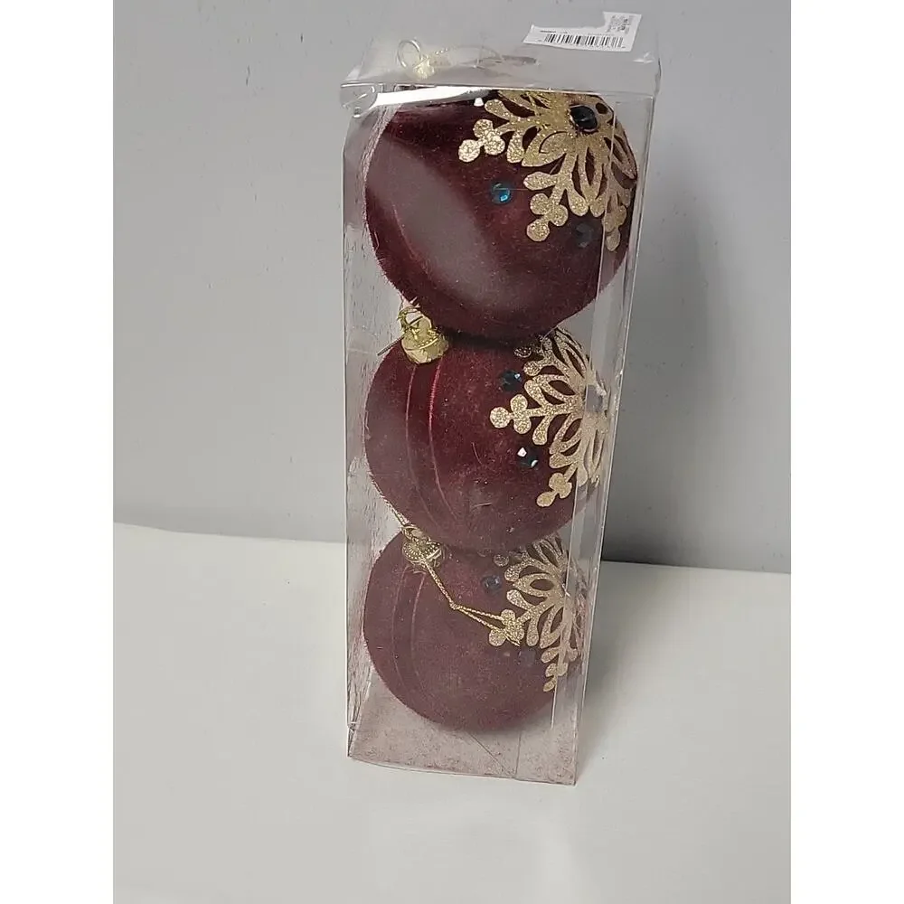 Winter Wonder Lane Festive Bloom Collection 3 pc Velvet Burgundy Ornaments